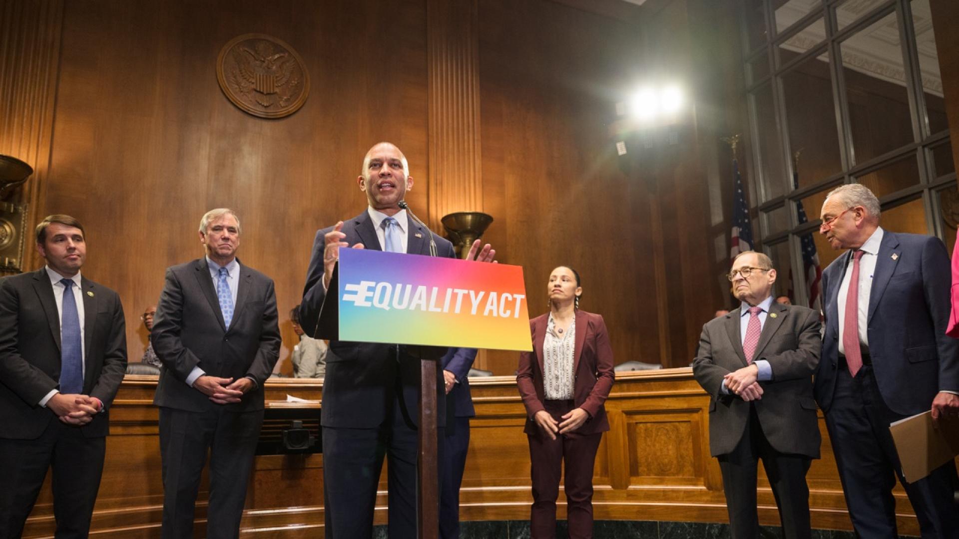 Photo of Leader Jeffries at Equality Act Press Conference