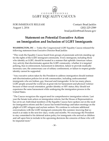 Equality Caucus Statement 08 01 2014 
